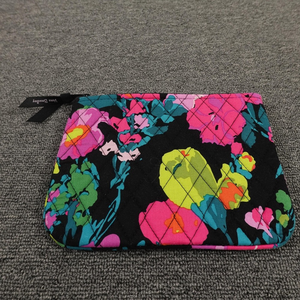 Vera Bradley Quilted Floral Zip Pouch Black Pink Cosmetic Bag Makeup Travel Case